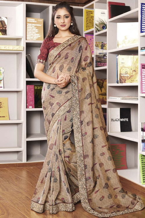 Beige Art Silk Indian Saree With Silk Blouse