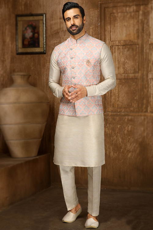 Beige Straight Pant Party Wear Men Kurta Pajama in Art Silk