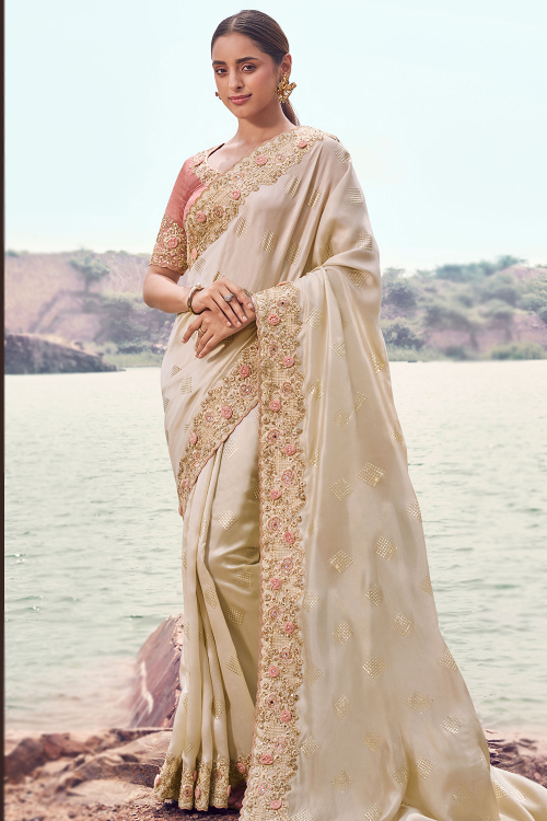 Beige Art Silk Muqayyash Embroidered Heavy Saree