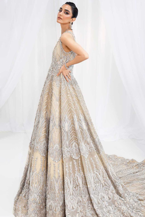 Beige Beads Embroidered Trail Cut Net Gown 