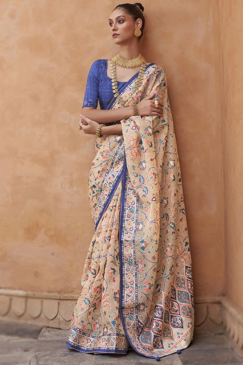 Saree for Party Wear in Brasso Beige with Muqayyash embroidery