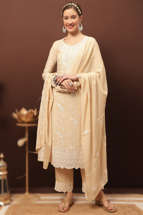 Beige Chinnon Embroidered Casual Wear Trouser Suit 