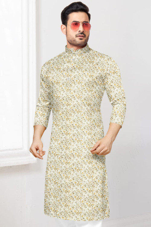 Beige Cotton Embroidered Men Kurta Pajama