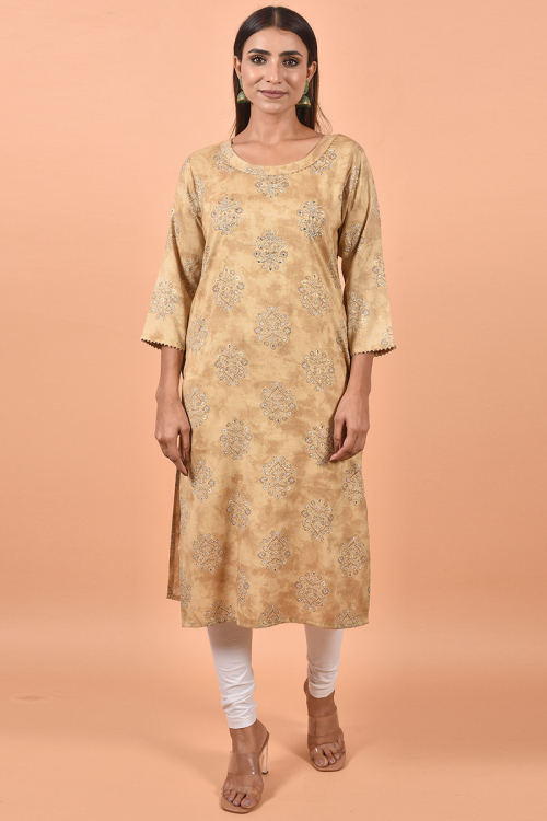 Beige Cotton Kurti With Printed
