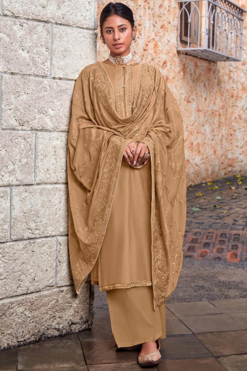 Beige Cotton Silk Embroidered Indian Trouser Suit