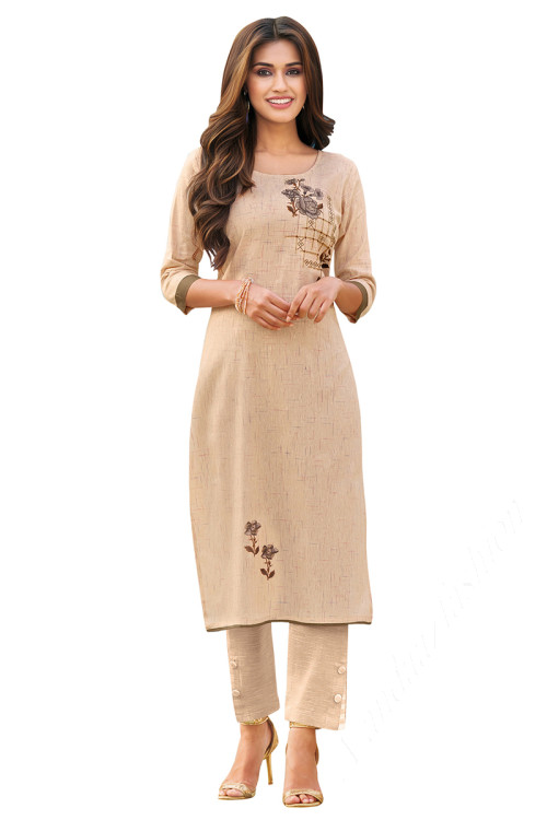 Beige Straight Cut Cotton Kurti for Party 