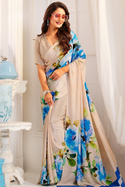 Beige Crepe Saree With Printed Work For Casual Wear