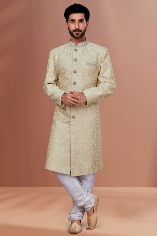 Beige Dupion Silk Embroidered Men Sherwani