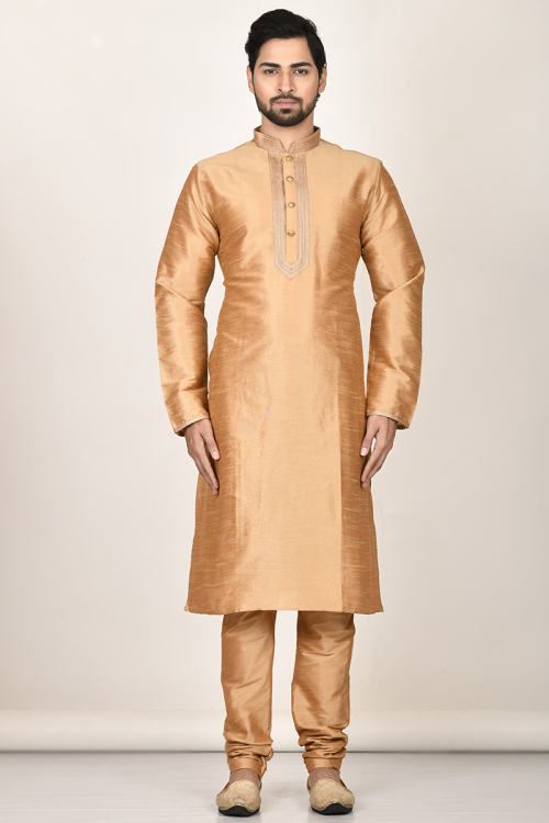 Beige Dupion Silk Men Kurta With Churidar