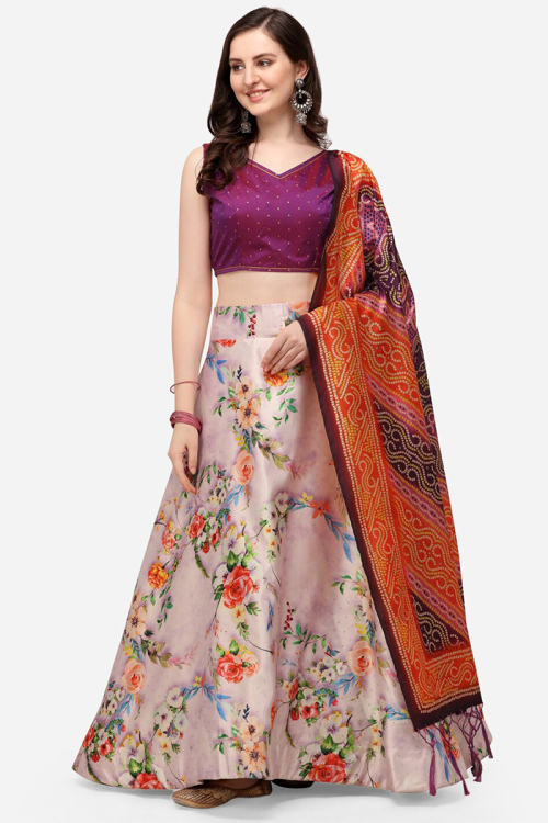 Beige Floral Printed Silk A Line Lehenga