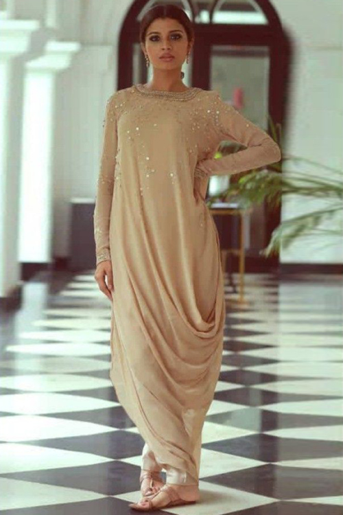 Beige Georgette Embroidered Indo-Western Trouser Suit
