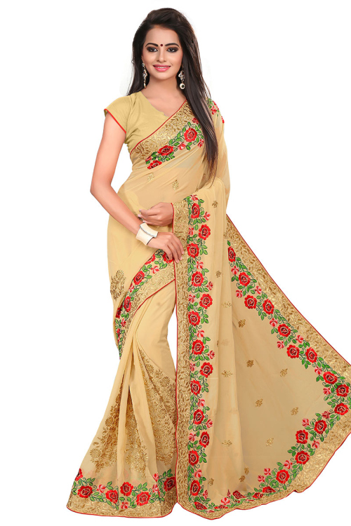 Georgette Saree with Zari Embroidery in Beige for Party 