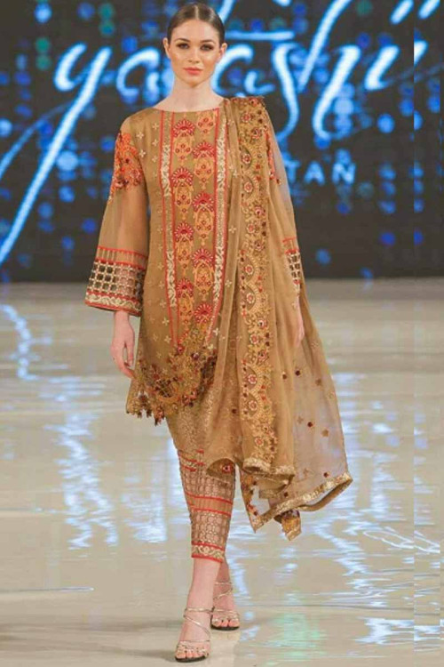Beige Golden Straight Pant Suit With Resham Embroidered 