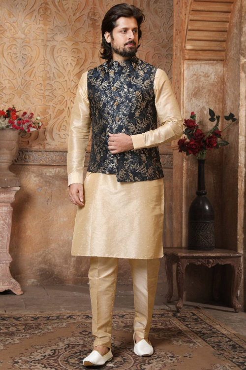 Dupion Silk Bottle Green Zari Work Men Kurta Pajama for Wedding 