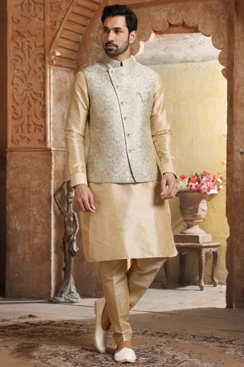 Cream Beige Front Slit Dupion Silk Men Kurta Pajama for Party 