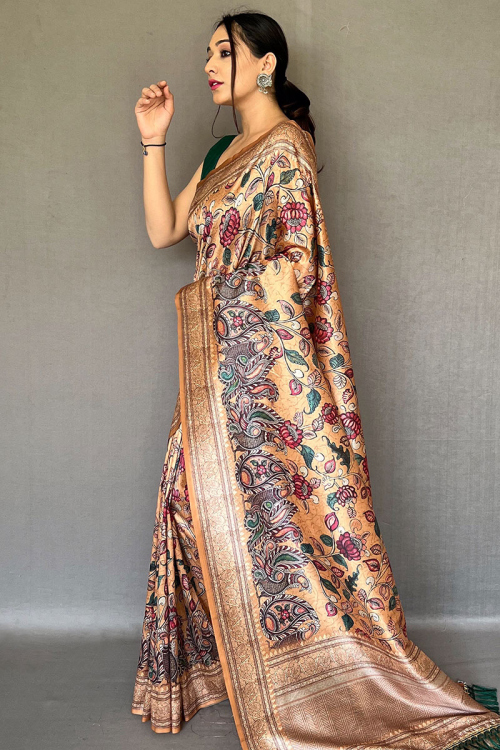Beige Kalamkari Printed Silk Saree With Weaved Zari 