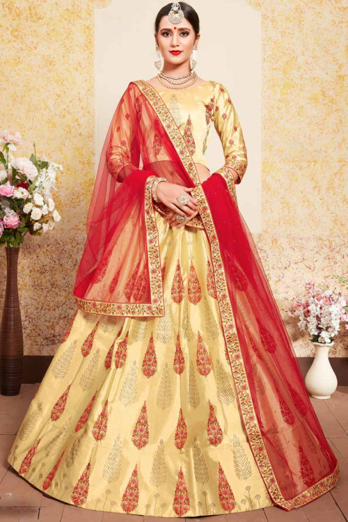Red and Beige Satin Lehenga with Satin Choli and Net Dupatta
