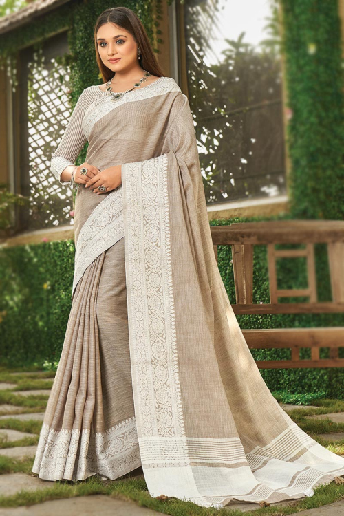 Beige Linen Woven Saree