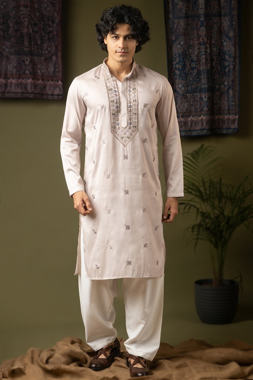 Beige Men Art Silk Men's Kurta Pajama With Sequins Work For Festival