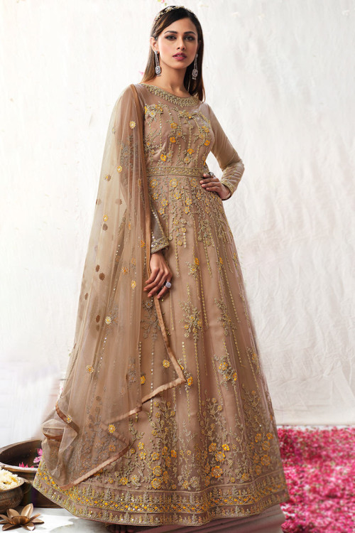 Beige Net Embroidered Anarkali Suit