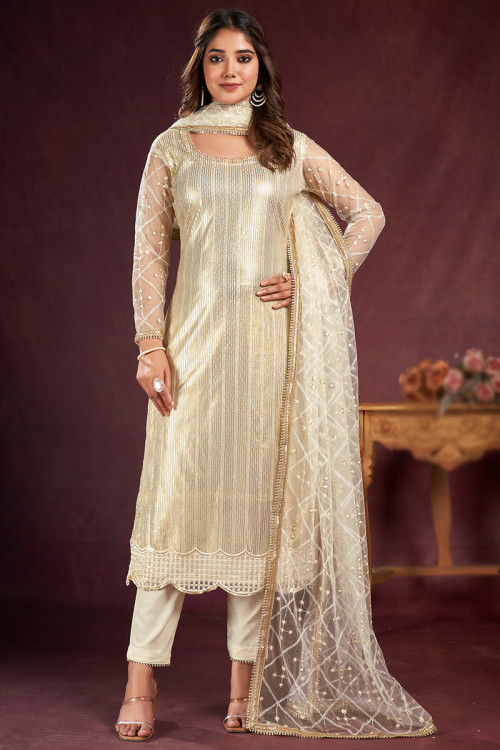 Beige Net Embroidered Straight Cut Trouser Suit
