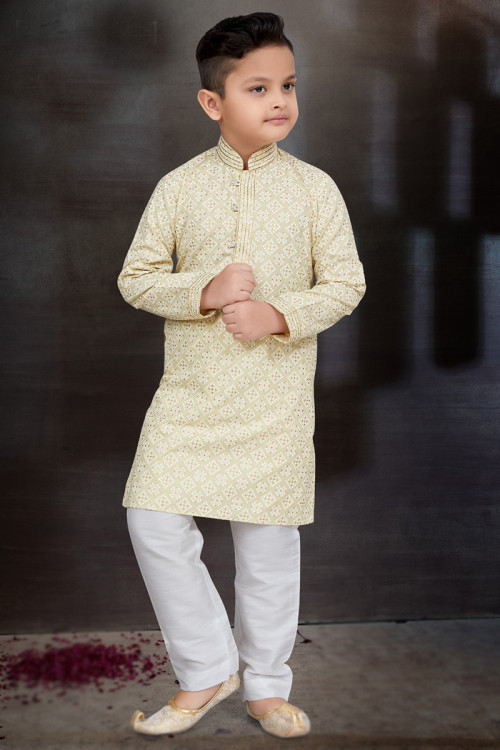 Beige Printed Cotton Boy's Kurta Pajama For Sangeet 