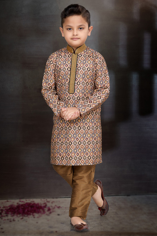 Beige Printed Cotton Men Straight Cut Boy's Kurta Pajama 