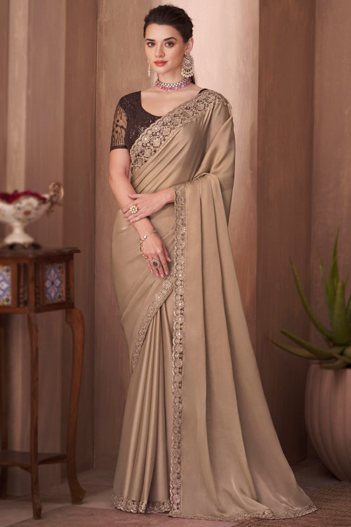 Beige Satin Light Weight Saree With Sequins Embroidery 