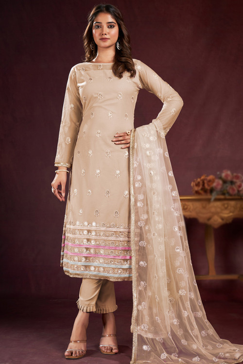 Beige Sequins Embroidered Straight Cut Net Trouser Suit 