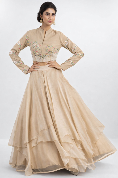 Beige Silk A-Line Lehenga with Resham Work for Wedding