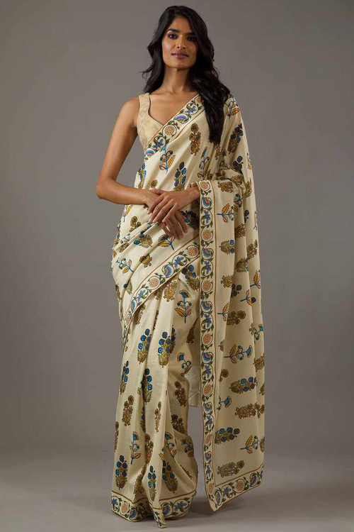 Beige Silk Blend Printed Work Saree For Navratri