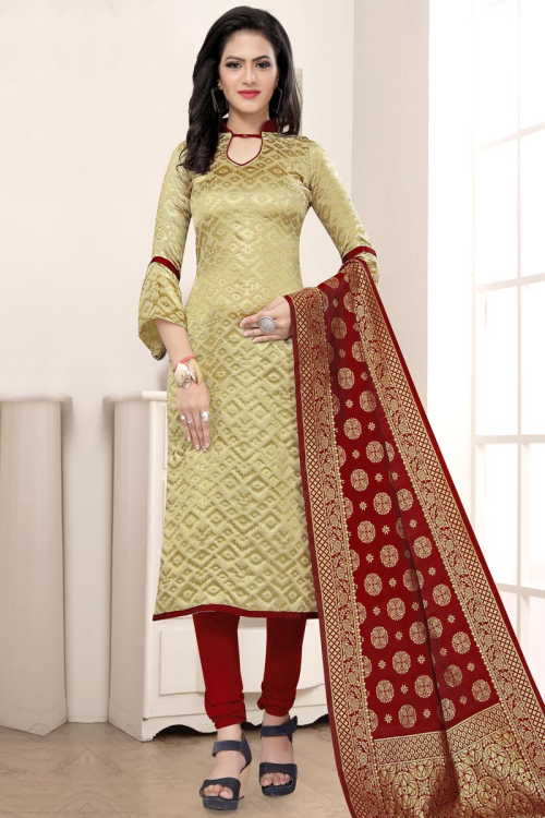 Beige Silk Embroidered Churidar Suit