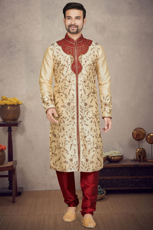 Beige Silk Embroidered Men's Kurta With Churidar 