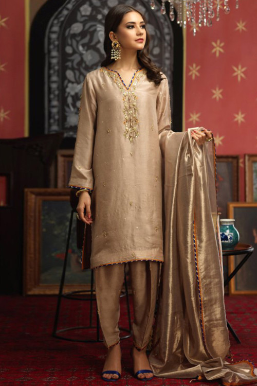 Beige Silk Embroidered Patiala Suit