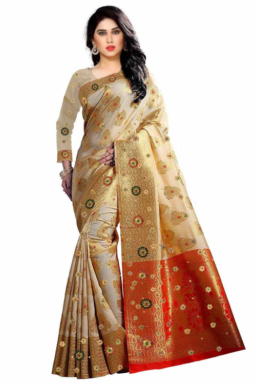 Beige Woven Zari Soft Silk Indian Wear Saree