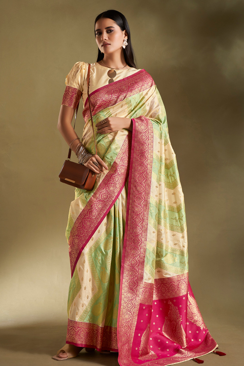 Beige Soft Silk Saree With Weaved Work For Festival