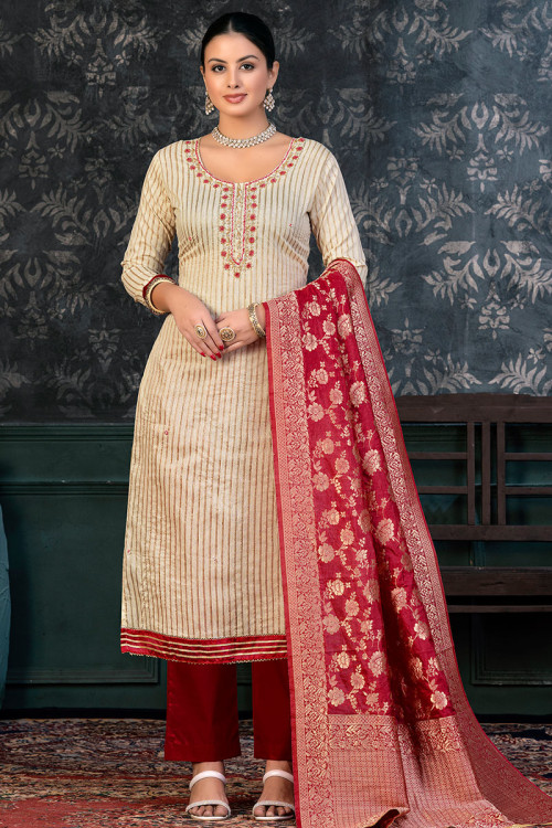 Buy Beige Silk Pearl Work Straight Trouser Suits Online for Women in UK