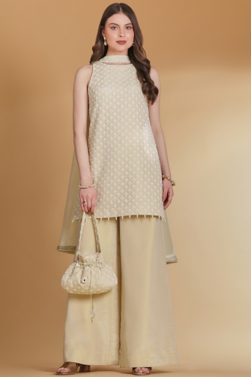 Beige Tissue Palazzo Suit With Cutdana Embroidered  