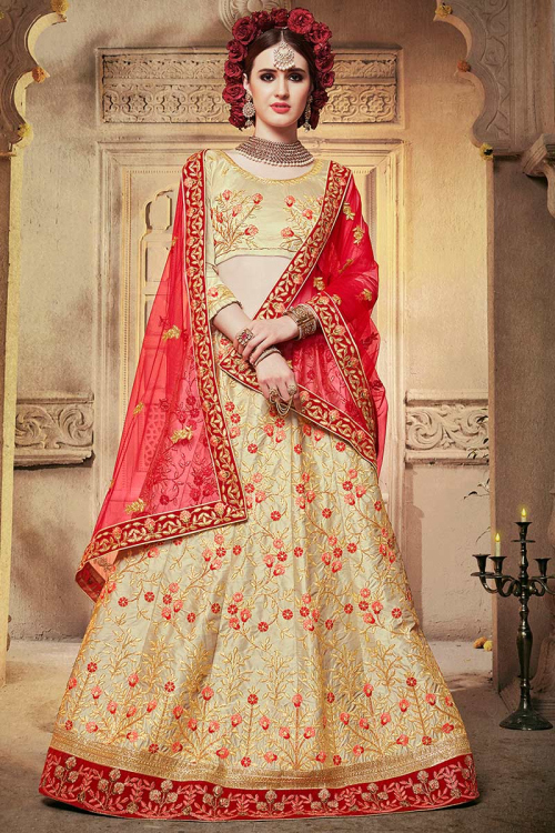 Beige Embroidered Lehenga In Silk Fabric
