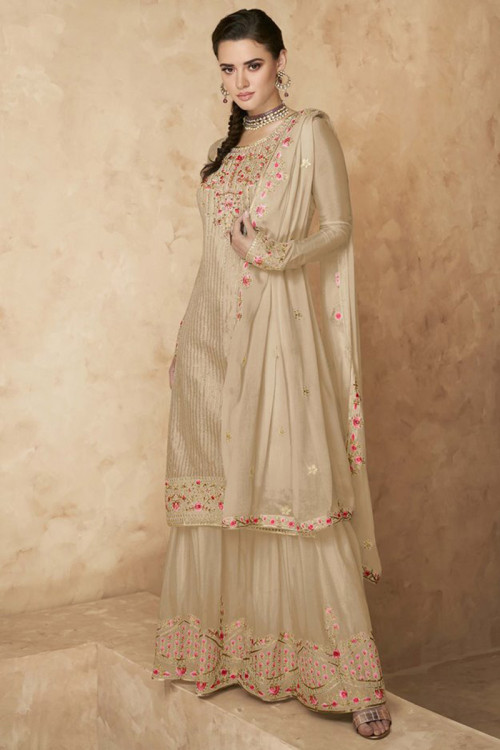 Best Embroidered Crepe Silk Beige Sharara Suit