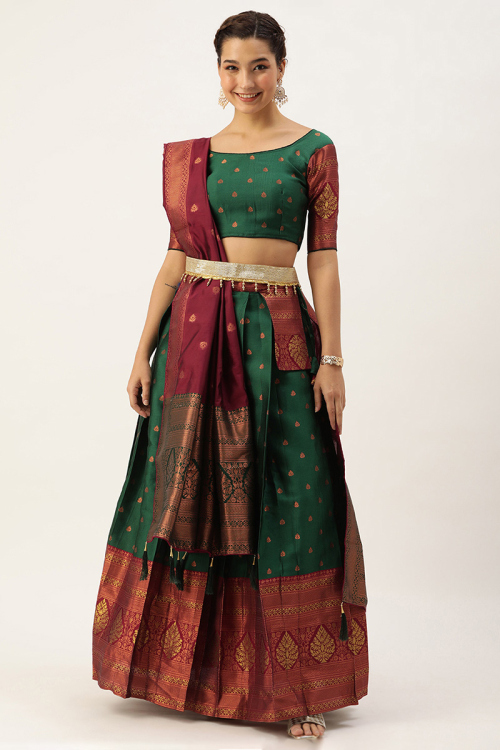 Best Fit Dark Green Woven Zari Silk Pleated Lehenga 