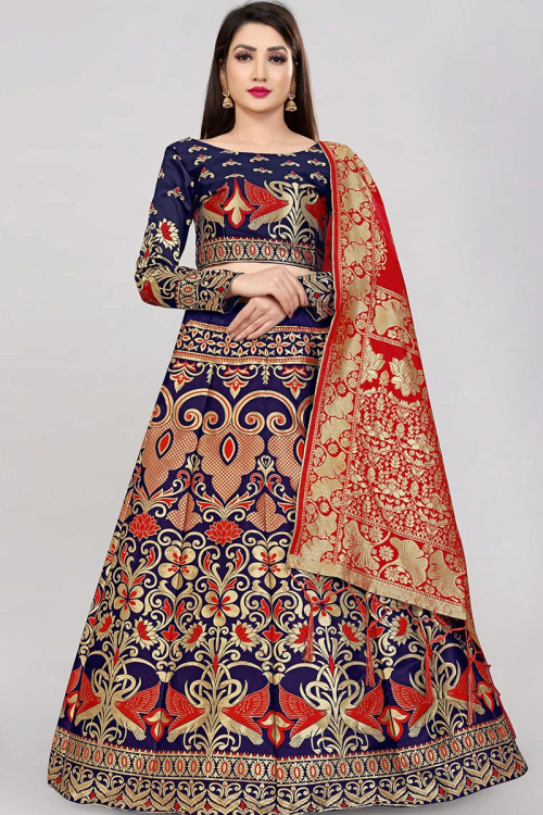Best Fit Navy Blue Woven Zari Silk Lehnga