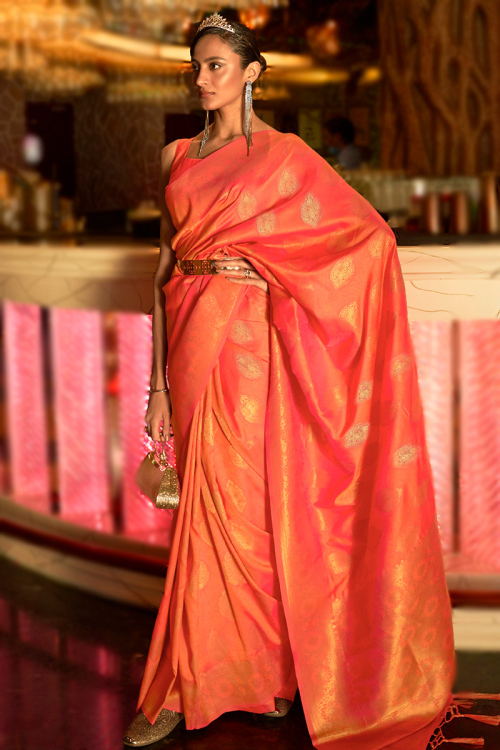 Best Woven Zari Elaborated Orange Silk Saree 