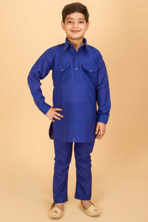 Dark Blue Jacquard Dupion Kurta Pajama set For Eid