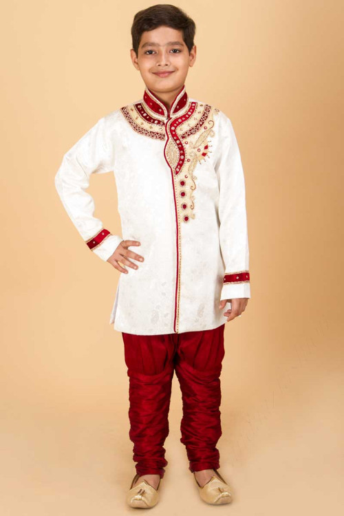 White Embroidered Kurta with Red Churidar Pajama For Eid.