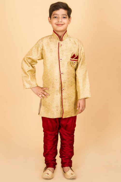 Golden Embroidered Kurta with Red Eid Special Churidar Pajama