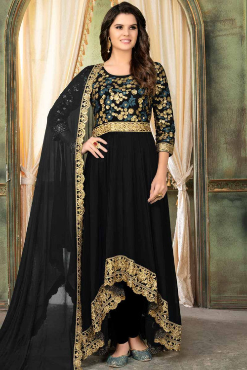 Resham Embroidered Faux Georgette Black Anarkali Suit