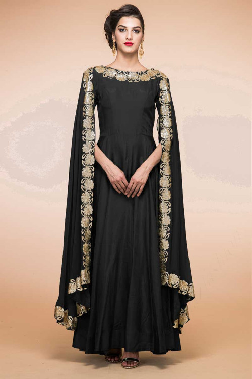 Black Silk Anarkali Churidar Suit