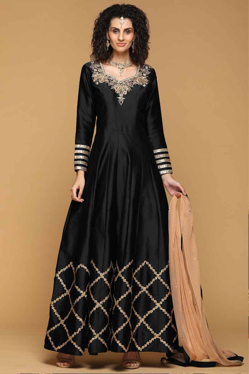 Black Taffeta Embroidered Anarkali Suit