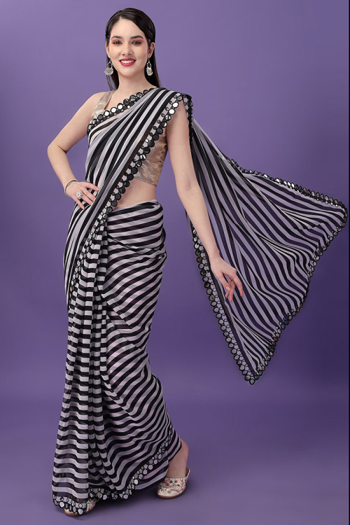 Black and White Georgette Printed Light Weight Saree
